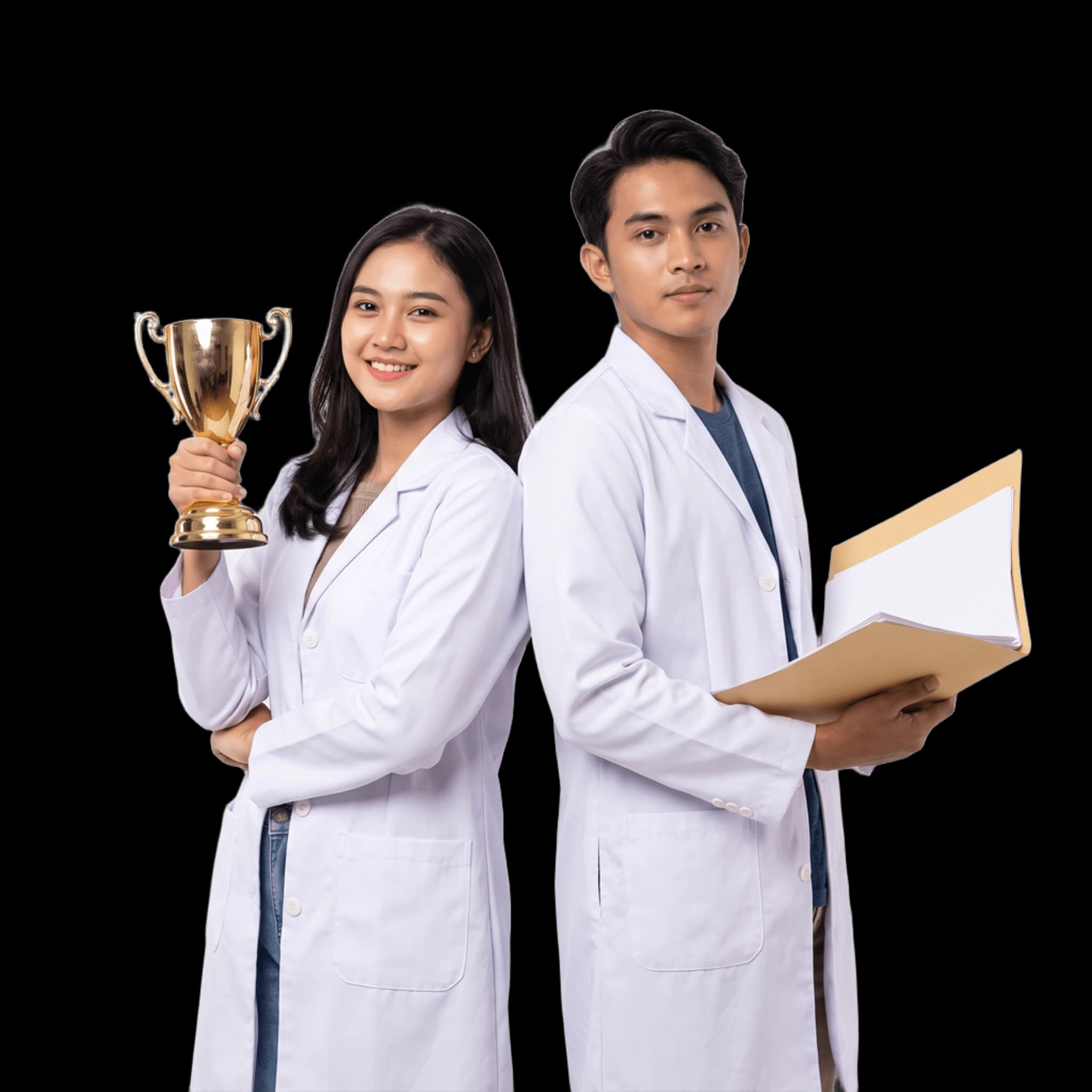Dua pelajar berjas laboratorium, satu memegang piala dan satu membawa berkas penelitian